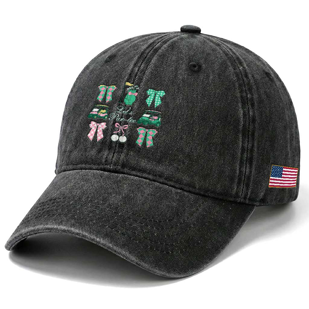 Lets Par-tee Coquette Golf Bows Washed Cotton Baseball Cap Preppy Pink and Green Golf Cart n Bag Golfing Lover Club TS02 Print Your Wear