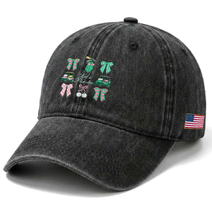 Lets Par-tee Coquette Golf Bows Washed Cotton Baseball Cap Preppy Pink and Green Golf Cart n Bag Golfing Lover Club TS02 Print Your Wear