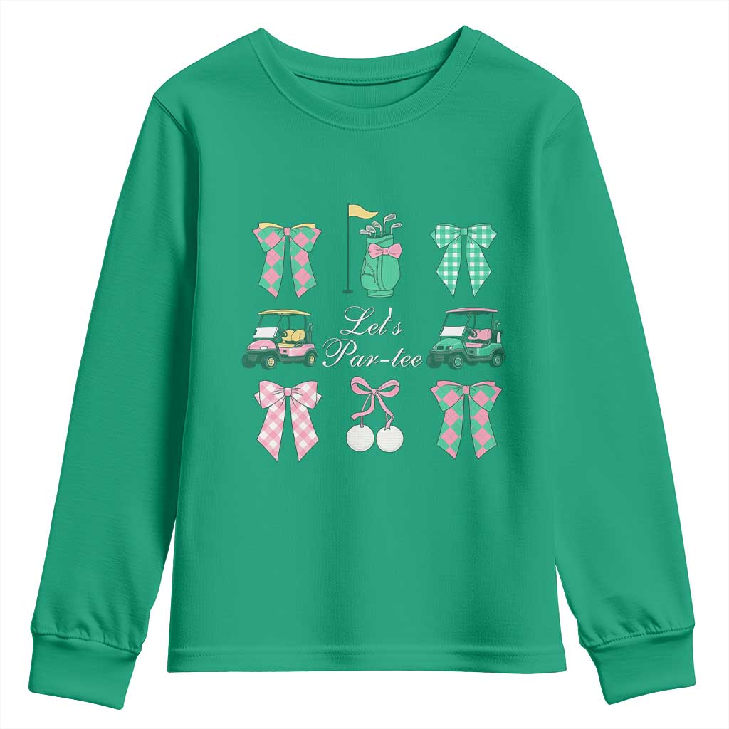 Lets Par-tee Coquette Golf Bows Youth Sweatshirt Preppy Pink and Green Golf Cart n Bag Golfing Lover Club TS02 Irish Green Print Your Wear