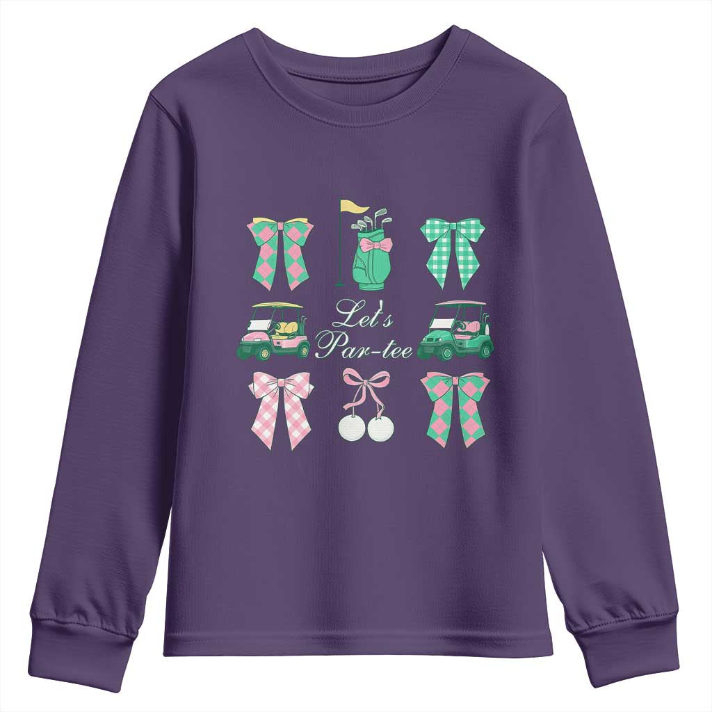 Lets Par-tee Coquette Golf Bows Youth Sweatshirt Preppy Pink and Green Golf Cart n Bag Golfing Lover Club TS02 Purple Print Your Wear