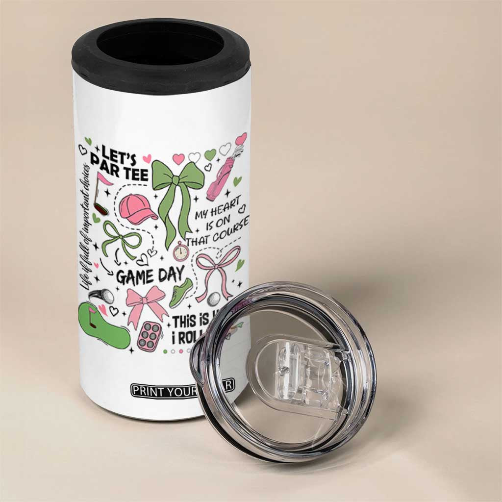 Lets Par-tee Coquette Golf Bows 4 in 1 Can Cooler Tumbler Pink and Green Gear Girls Game Day Golfing Tradition TS02 Print Your Wear