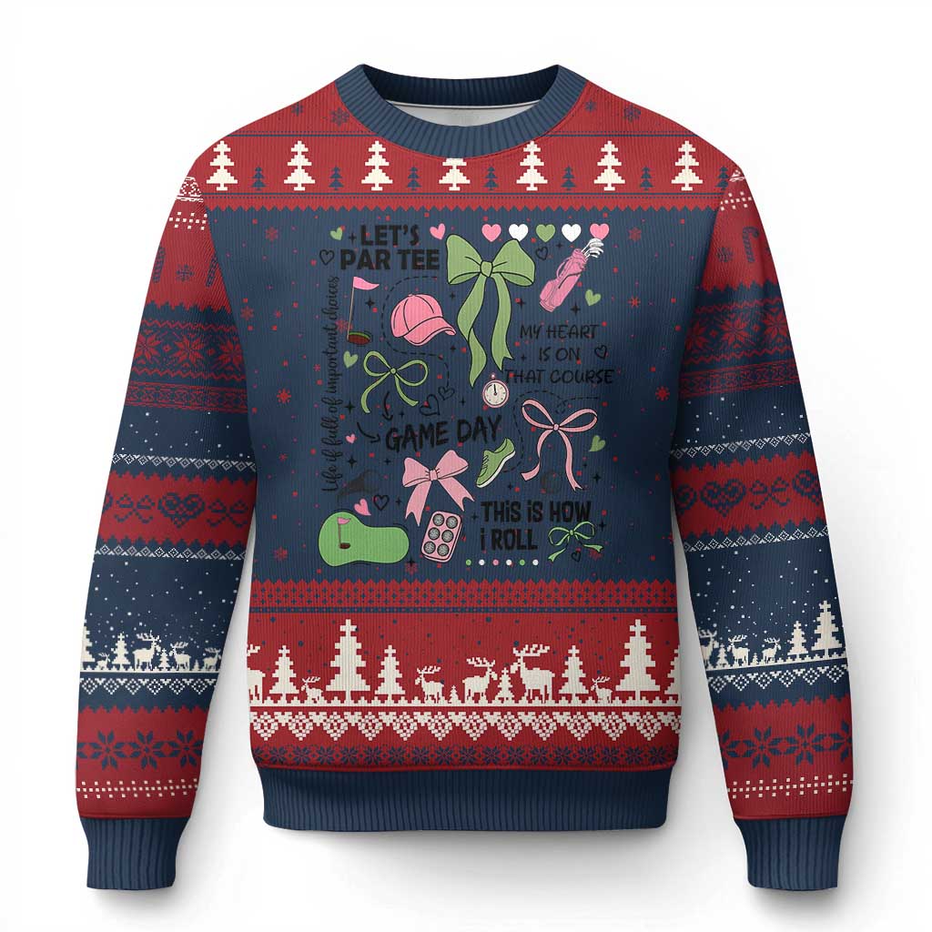 Lets Par-tee Coquette Golf Bows Ugly Christmas Sweater Pink and Green Gear Girls Game Day Golfing Tradition TS02 Navy Red Print Your Wear