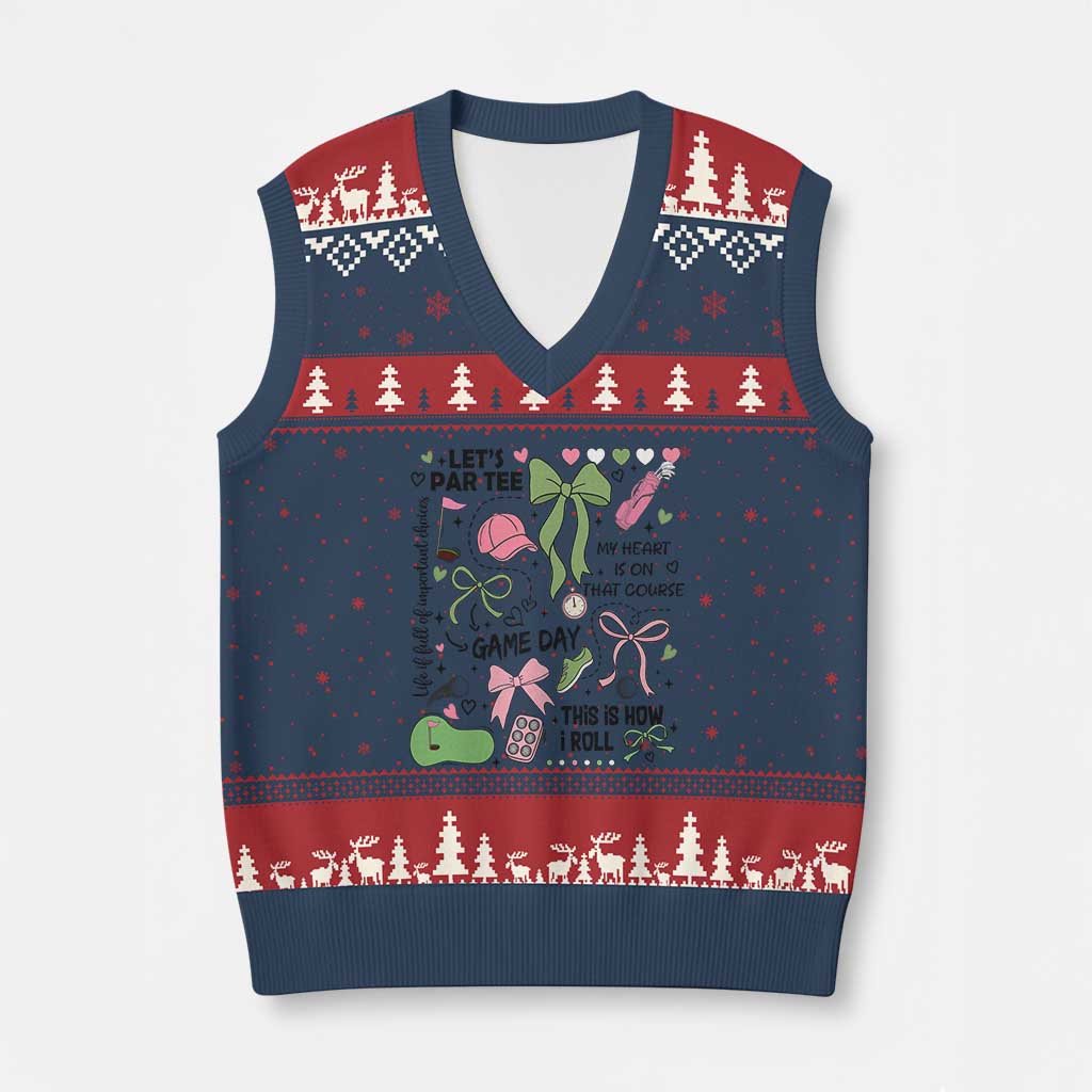 Lets Par-tee Coquette Golf Bows V-Neck Knit Sweater Vest Pink and Green Gear Girls Game Day Golfing Tradition TS02 Navy Red Print Your Wear