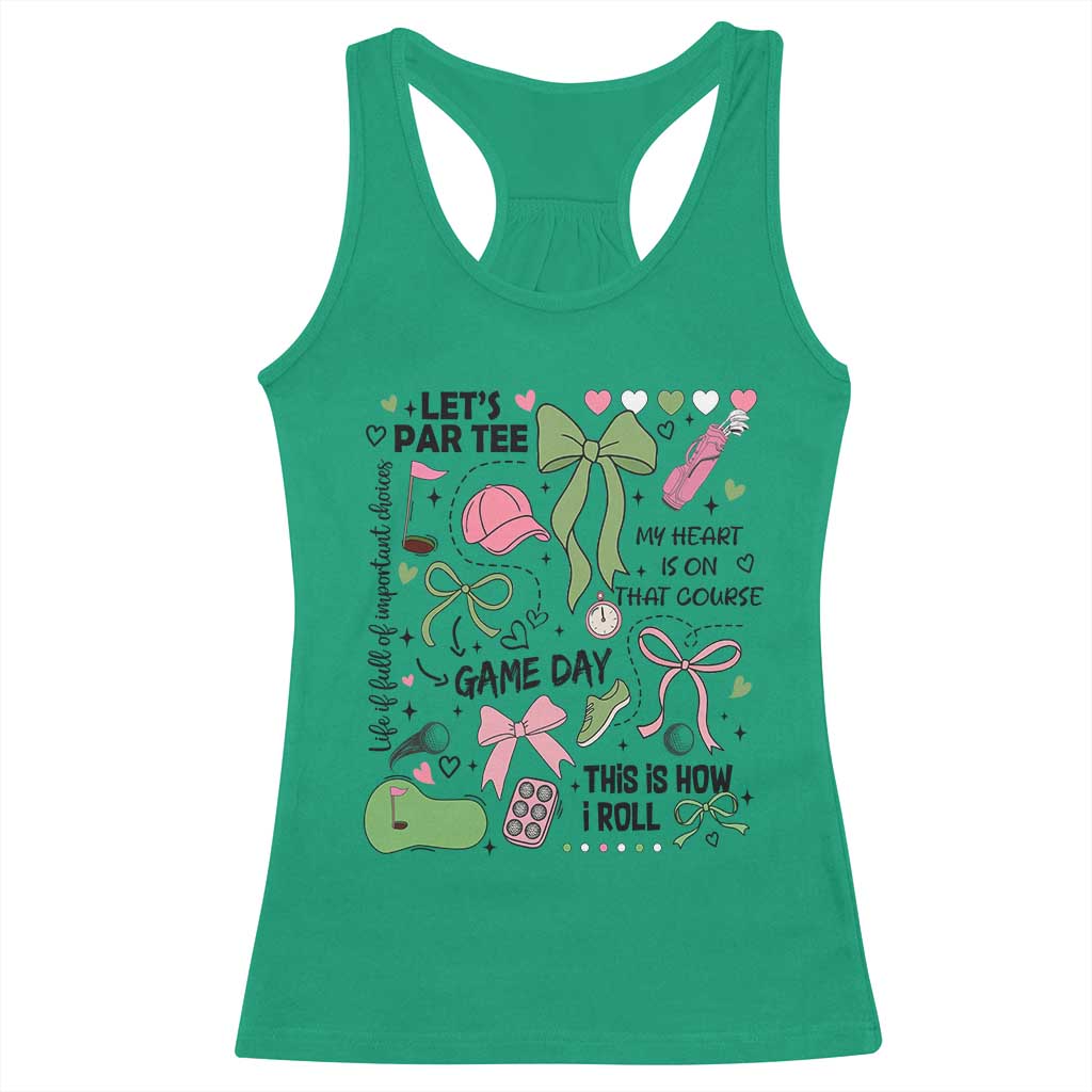 Lets Par-tee Coquette Golf Bows Racerback Tank Top Pink and Green Gear Girls Game Day Golfing Tradition TS02 Irish Green Print Your Wear