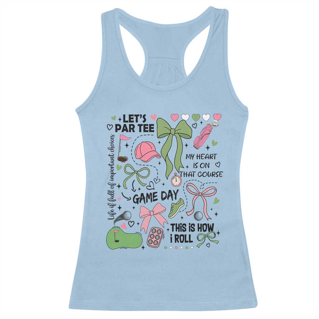 Lets Par-tee Coquette Golf Bows Racerback Tank Top Pink and Green Gear Girls Game Day Golfing Tradition TS02 Light Blue Print Your Wear