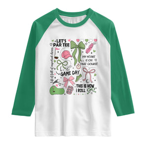 Lets Par-tee Coquette Golf Bows Raglan Shirt Pink and Green Gear Girls Game Day Golfing Tradition TS02 White Kelly Green Print Your Wear