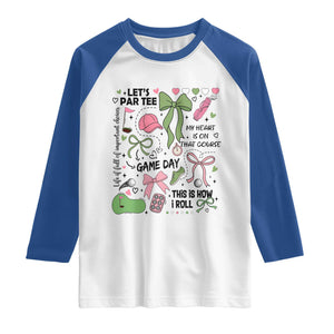 Lets Par-tee Coquette Golf Bows Raglan Shirt Pink and Green Gear Girls Game Day Golfing Tradition TS02 White Royal Print Your Wear