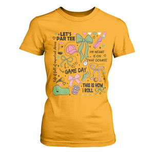 Lets Par-tee Coquette Golf Bows T Shirt For Women Pink and Green Gear Girls Game Day Golfing Tradition TS02 Gold Print Your Wear