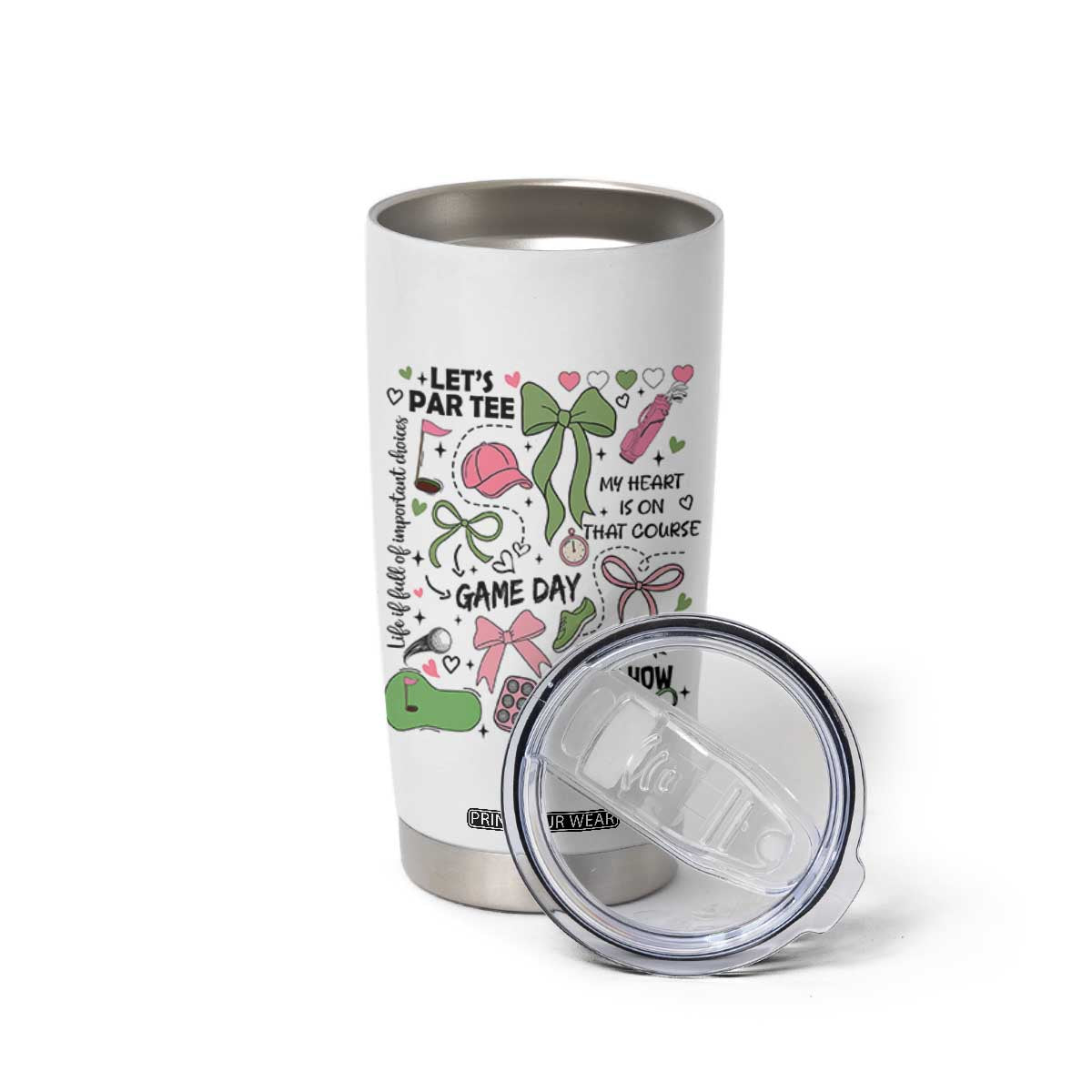 Lets Par-tee Coquette Golf Bows Tumbler Cup Pink and Green Gear Girls Game Day Golfing Tradition TS02 Print Your Wear