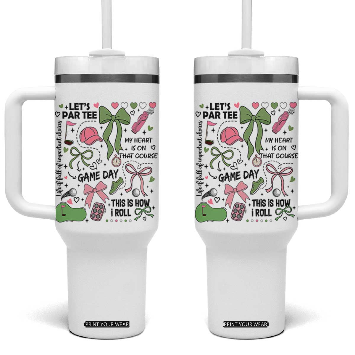 Lets Par-tee Coquette Golf Bows Tumbler With Handle Pink and Green Gear Girls Game Day Golfing Tradition TS02 One Size: 40 oz White Print Your Wear