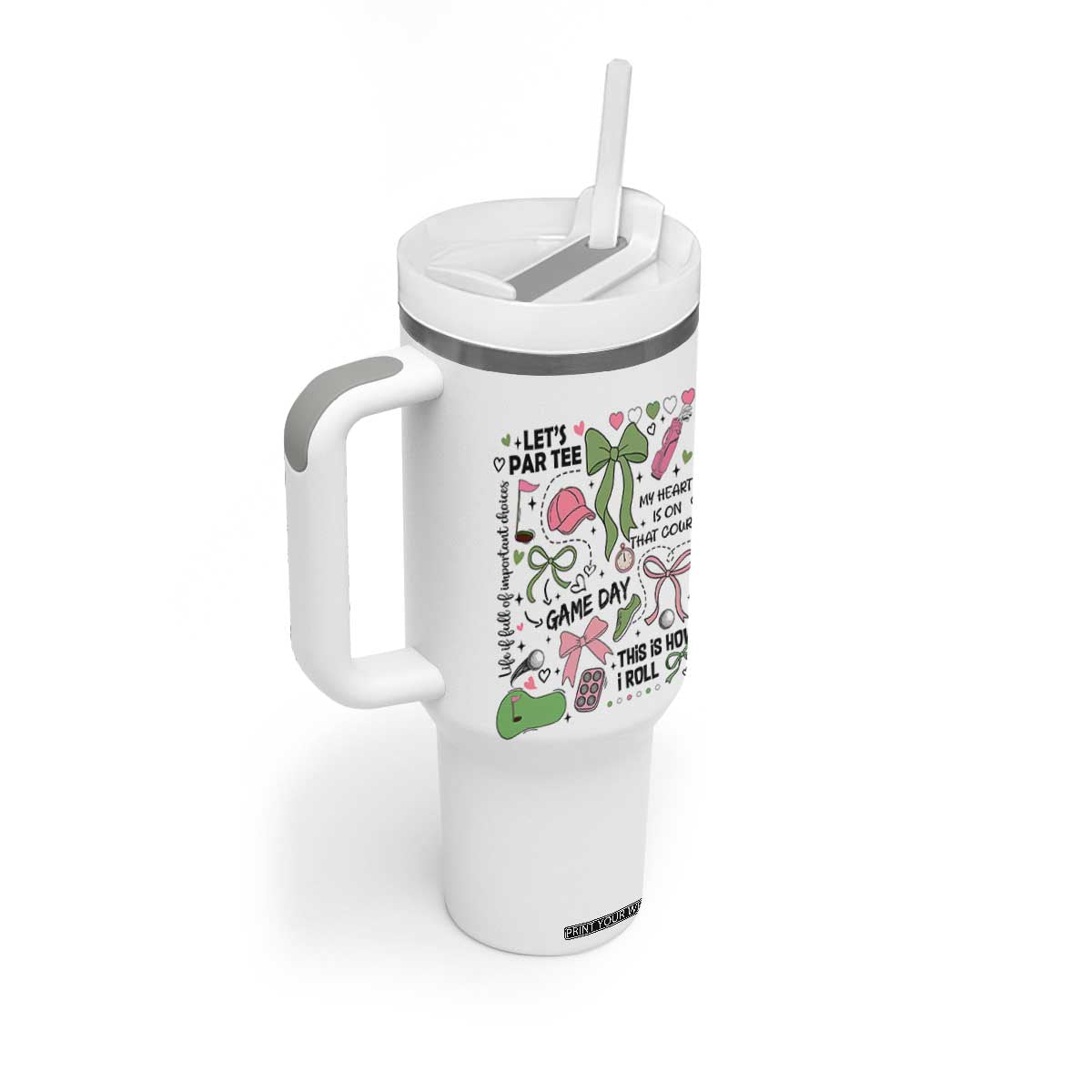 Lets Par-tee Coquette Golf Bows Tumbler With Handle Pink and Green Gear Girls Game Day Golfing Tradition TS02 Print Your Wear