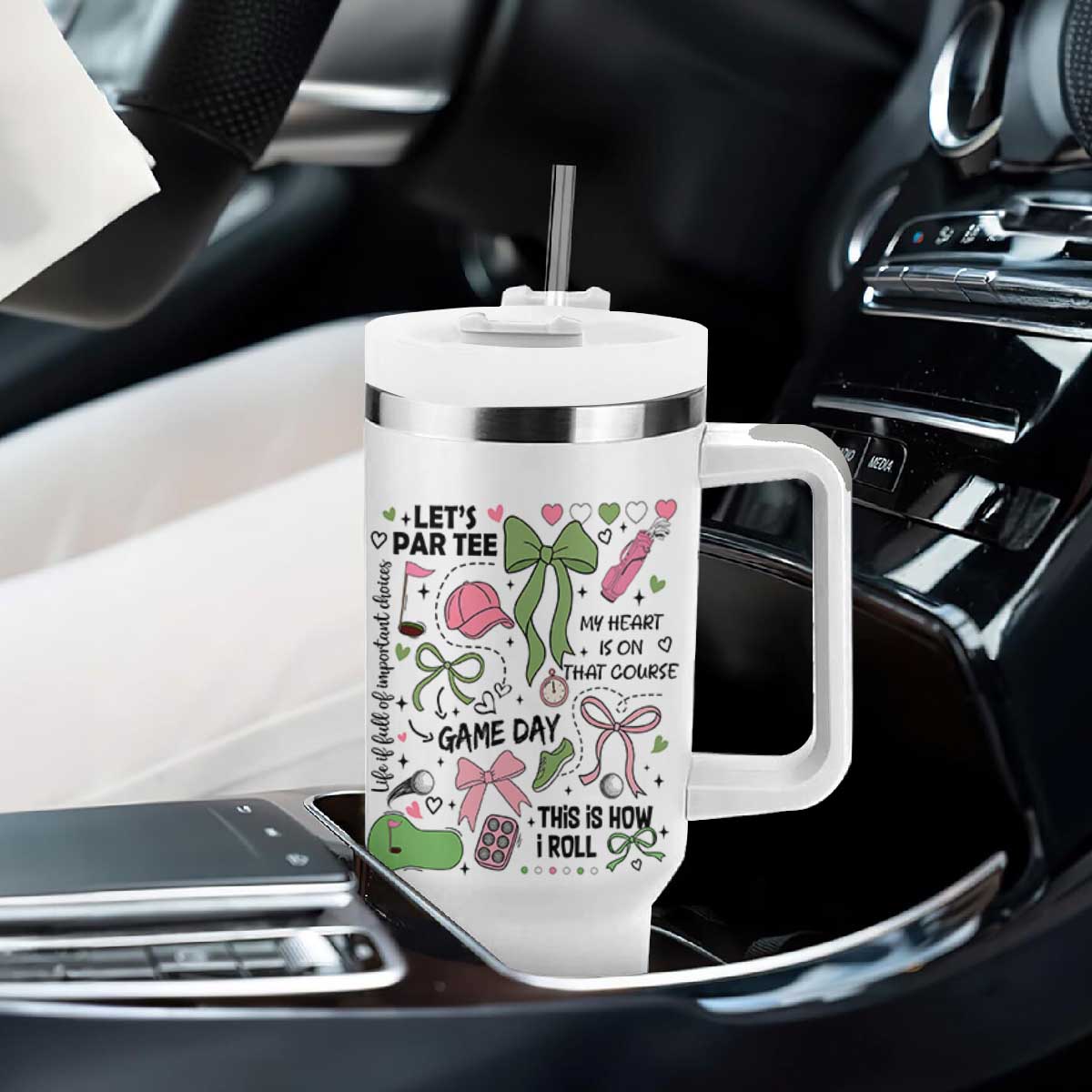 Lets Par-tee Coquette Golf Bows Tumbler With Handle Pink and Green Gear Girls Game Day Golfing Tradition TS02 Print Your Wear