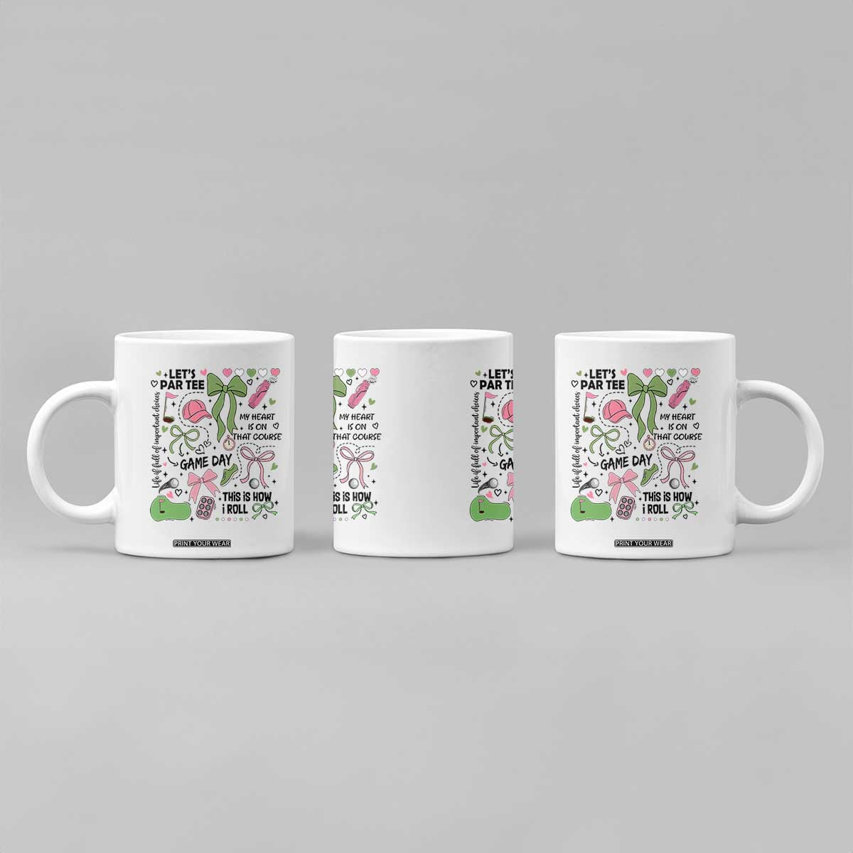 Lets Par-tee Coquette Golf Bows Coffee Mug Pink and Green Gear Girls Game Day Golfing Tradition TS02 Print Your Wear