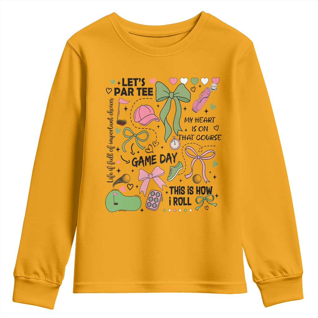 Lets Par-tee Coquette Golf Bows Youth Sweatshirt Pink and Green Gear Girls Game Day Golfing Tradition TS02 Gold Print Your Wear