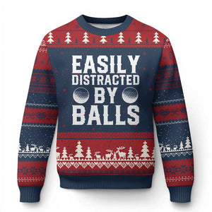 Easily Distracted By Balls Funny Golfer Ugly Christmas Sweater Sarcastic Golfing Humor for Golf Dads n Men TS02 Navy Red Print Your Wear