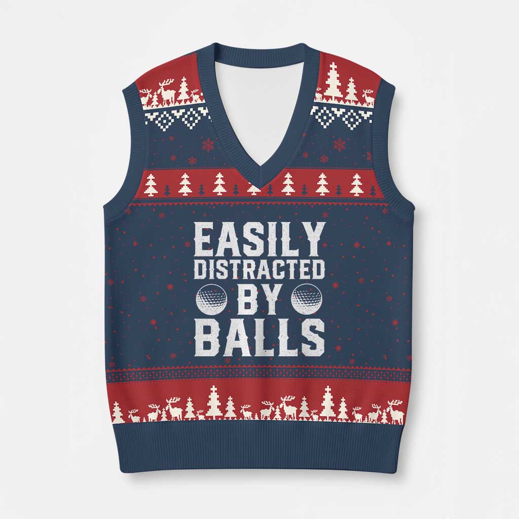 Easily Distracted By Balls Funny Golfer V-Neck Knit Sweater Vest Sarcastic Golfing Humor for Golf Dads n Men TS02 Navy Red Print Your Wear
