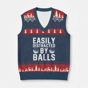 Easily Distracted By Balls Funny Golfer V-Neck Knit Sweater Vest Sarcastic Golfing Humor for Golf Dads n Men TS02 Navy Red Print Your Wear
