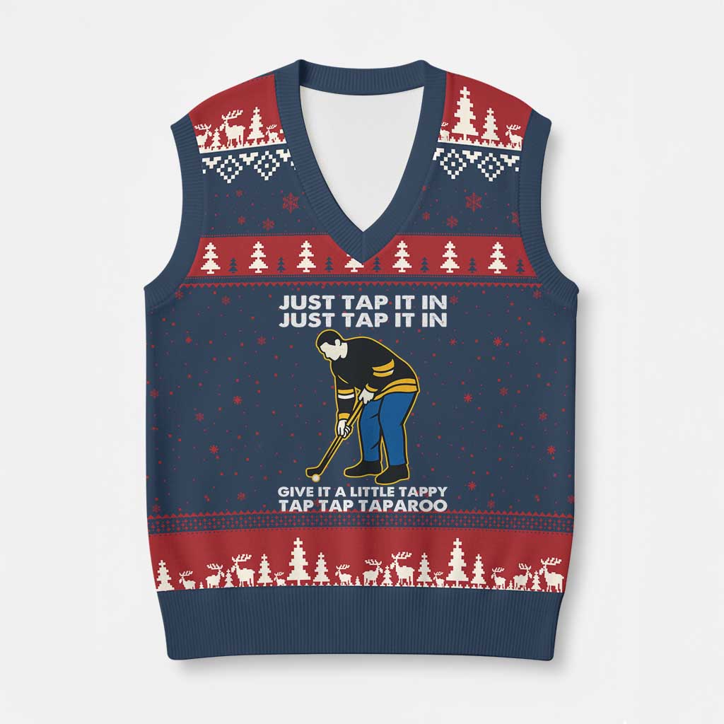 Just Tap It In Funny Golfer V-Neck Knit Sweater Vest Tappy Tap Taparoo Putting Golfing Humor Retro Golf Lover TS02 Navy Red Print Your Wear