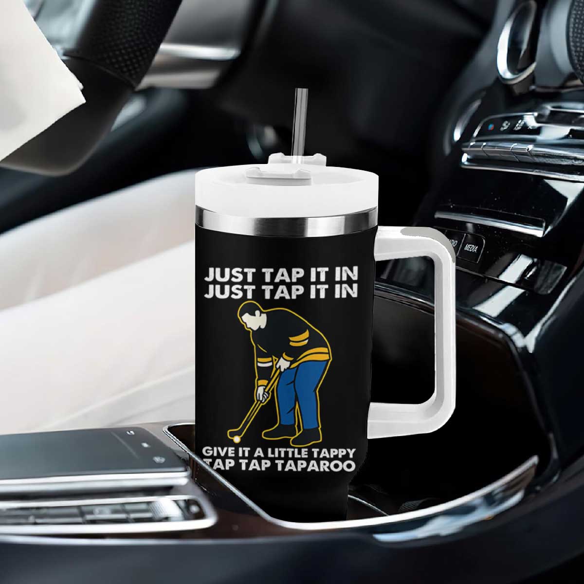 Just Tap It In Funny Golfer Tumbler With Handle Tappy Tap Taparoo Putting Golfing Humor Retro Golf Lover TS02 Print Your Wear