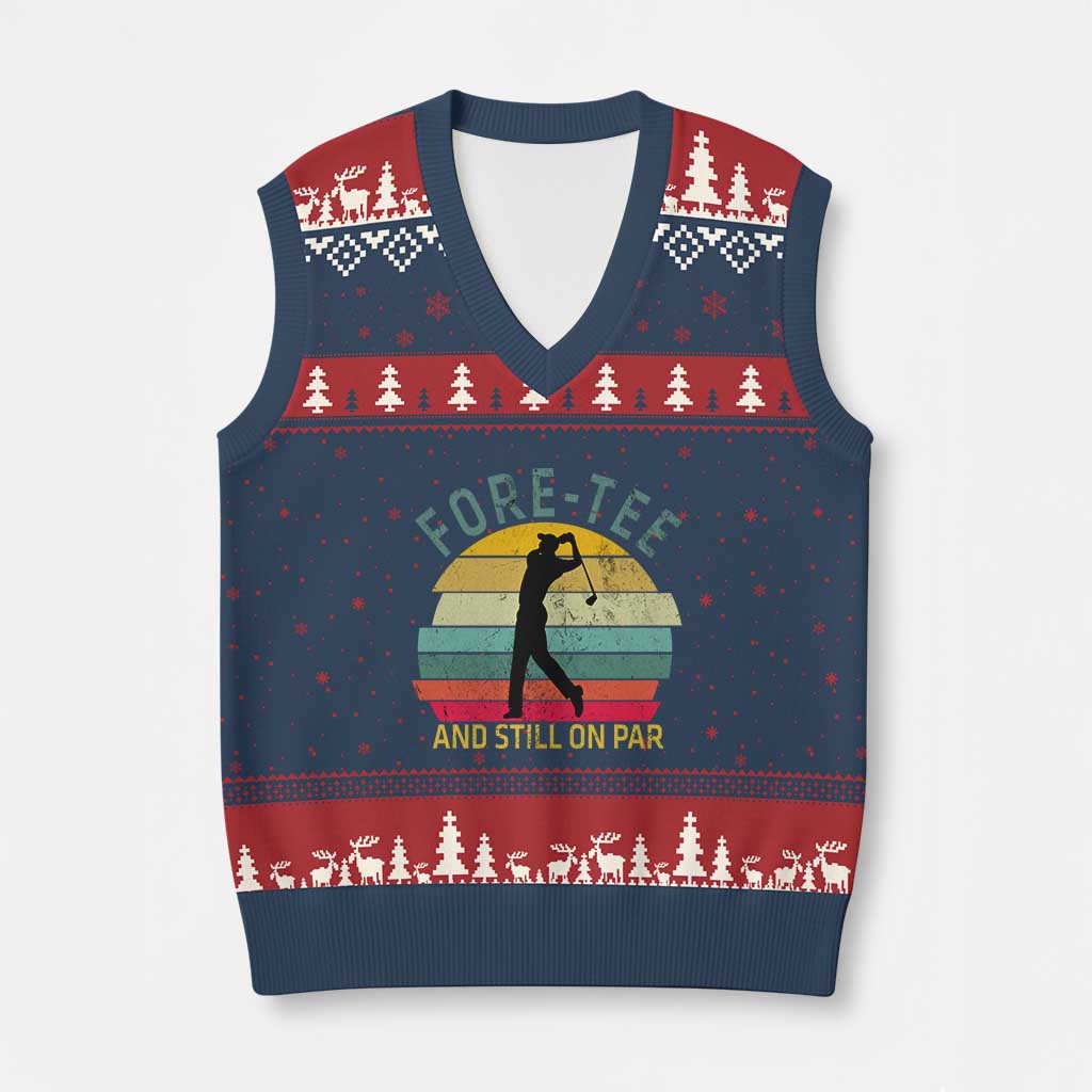Fore-Tee And Still On Par Funny 40th Birthday Golf V-Neck Knit Sweater Vest Milestone Birthday Gift for Golfers Retro Sporty TS02 Navy Red Print Your Wear