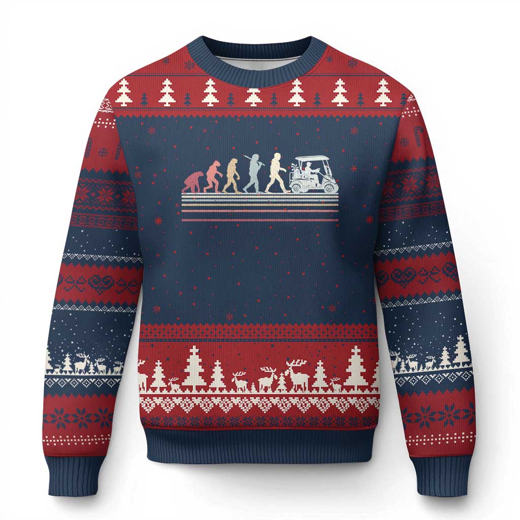Funny Evolution Of Man To Golf Cart Ugly Christmas Sweater Vintage Retro Golfing Sports History Gift for Golfers Dads TS02 Navy Red Print Your Wear