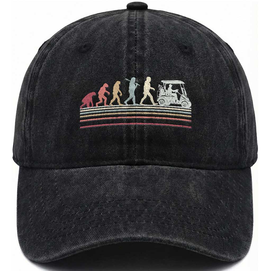 Funny Evolution Of Man To Golf Cart Washed Cotton Baseball Cap Vintage Retro Golfing Sports History Gift for Golfers Dads TS02 Print Your Wear