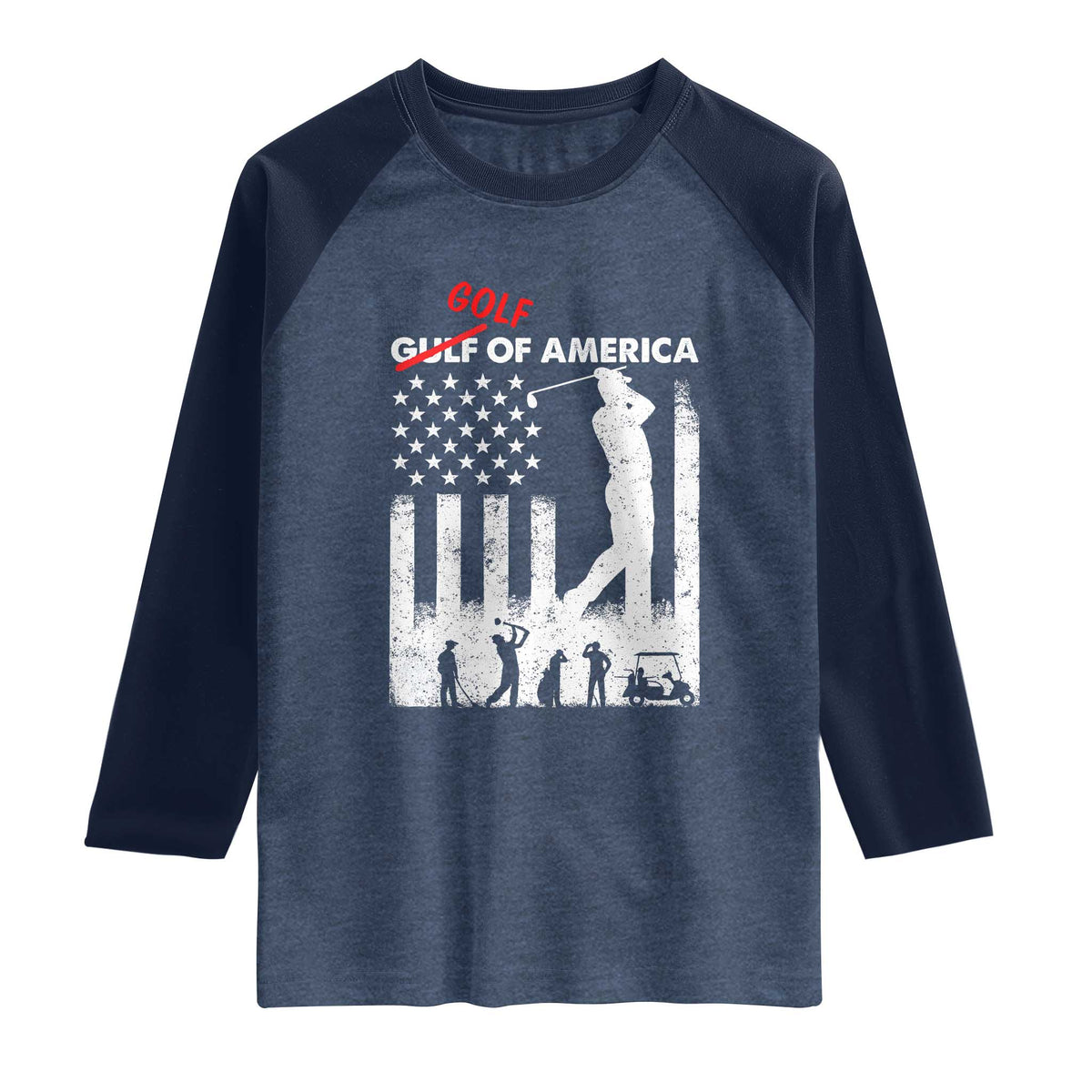 Golf Of America Patriotic USA Flag Raglan Shirt Funny Golfing Pun American Sports Gift for Patriotic Golfers n Dads TS02 Heather Denim Navy Print Your Wear
