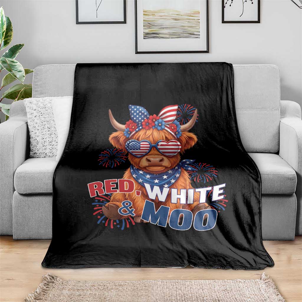 Red White and Moo Funny Patriotic Highland Cow Throw Blanket Cute American Flag Sunglasses and Bandana Summer Fireworks TS02 Print Your Wear