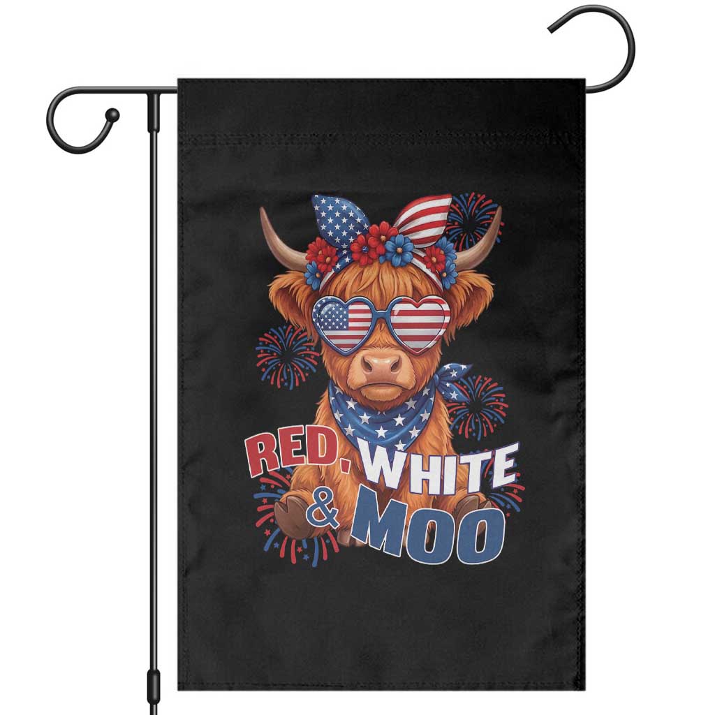 Red White and Moo Funny Patriotic Highland Cow Garden Flag Cute American Flag Sunglasses and Bandana Summer Fireworks TS02 Black Print Your Wear