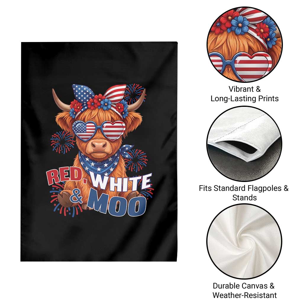 Red White and Moo Funny Patriotic Highland Cow Garden Flag Cute American Flag Sunglasses and Bandana Summer Fireworks TS02 Print Your Wear