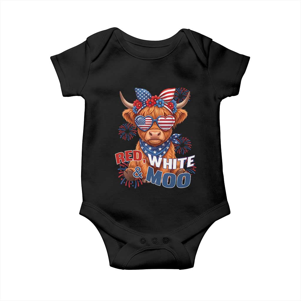 Red White and Moo Funny Patriotic Highland Cow Baby Onesie Cute American Flag Sunglasses and Bandana Summer Fireworks TS02 Black Print Your Wear