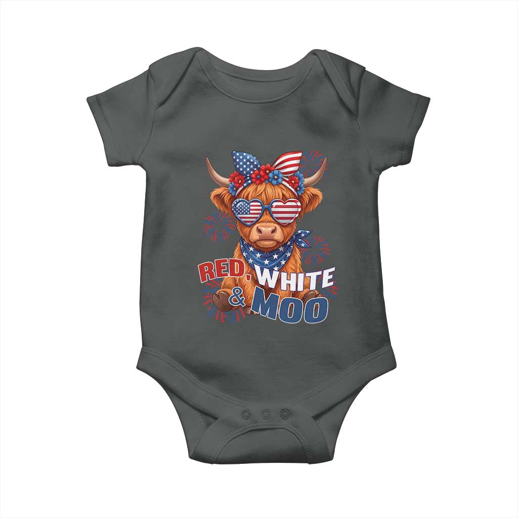 Red White and Moo Funny Patriotic Highland Cow Baby Onesie Cute American Flag Sunglasses and Bandana Summer Fireworks TS02 Dark Heather Print Your Wear