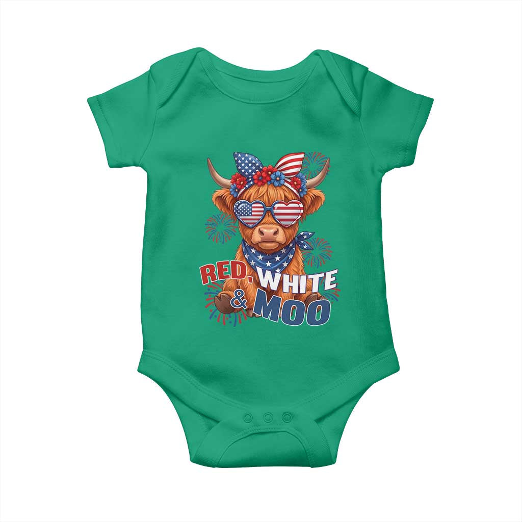 Red White and Moo Funny Patriotic Highland Cow Baby Onesie Cute American Flag Sunglasses and Bandana Summer Fireworks TS02 Irish Green Print Your Wear