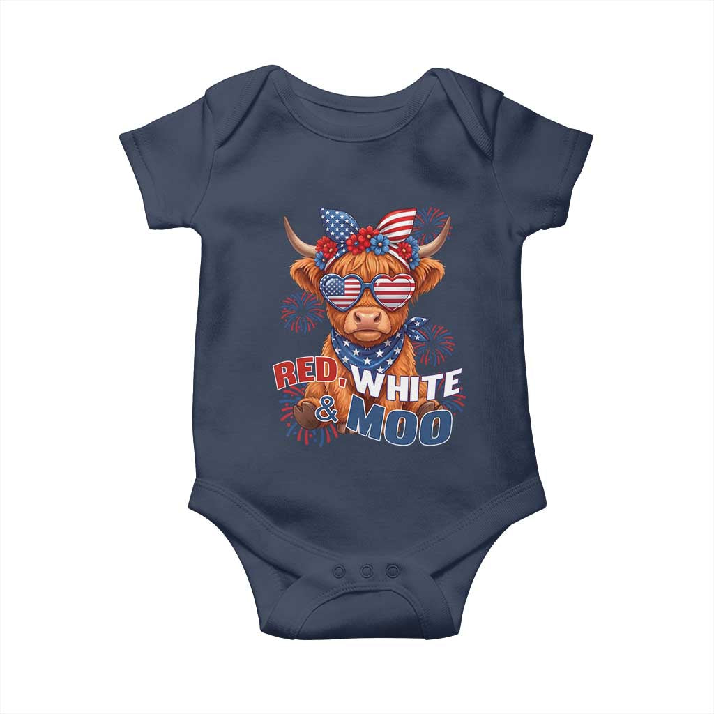 Red White and Moo Funny Patriotic Highland Cow Baby Onesie Cute American Flag Sunglasses and Bandana Summer Fireworks TS02 Navy Print Your Wear