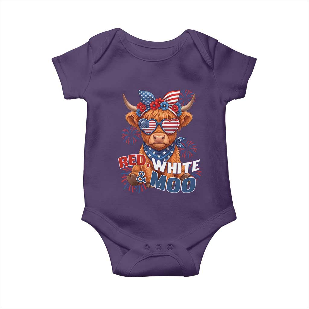 Red White and Moo Funny Patriotic Highland Cow Baby Onesie Cute American Flag Sunglasses and Bandana Summer Fireworks TS02 Purple Print Your Wear