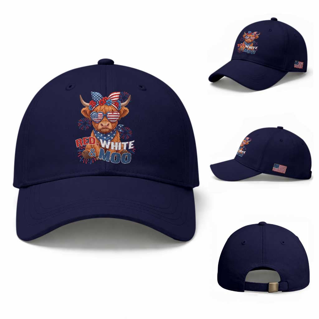 Red White and Moo Funny Patriotic Highland Cow Baseball Cap Cute American Flag Sunglasses and Bandana Summer Fireworks TS02 Baseball Cap Universal Fit Dark Blue Print Your Wear
