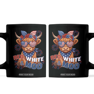 Red White and Moo Funny Patriotic Highland Cow Coffee Mug Cute American Flag Sunglasses and Bandana Summer Fireworks TS02 Black Print Your Wear