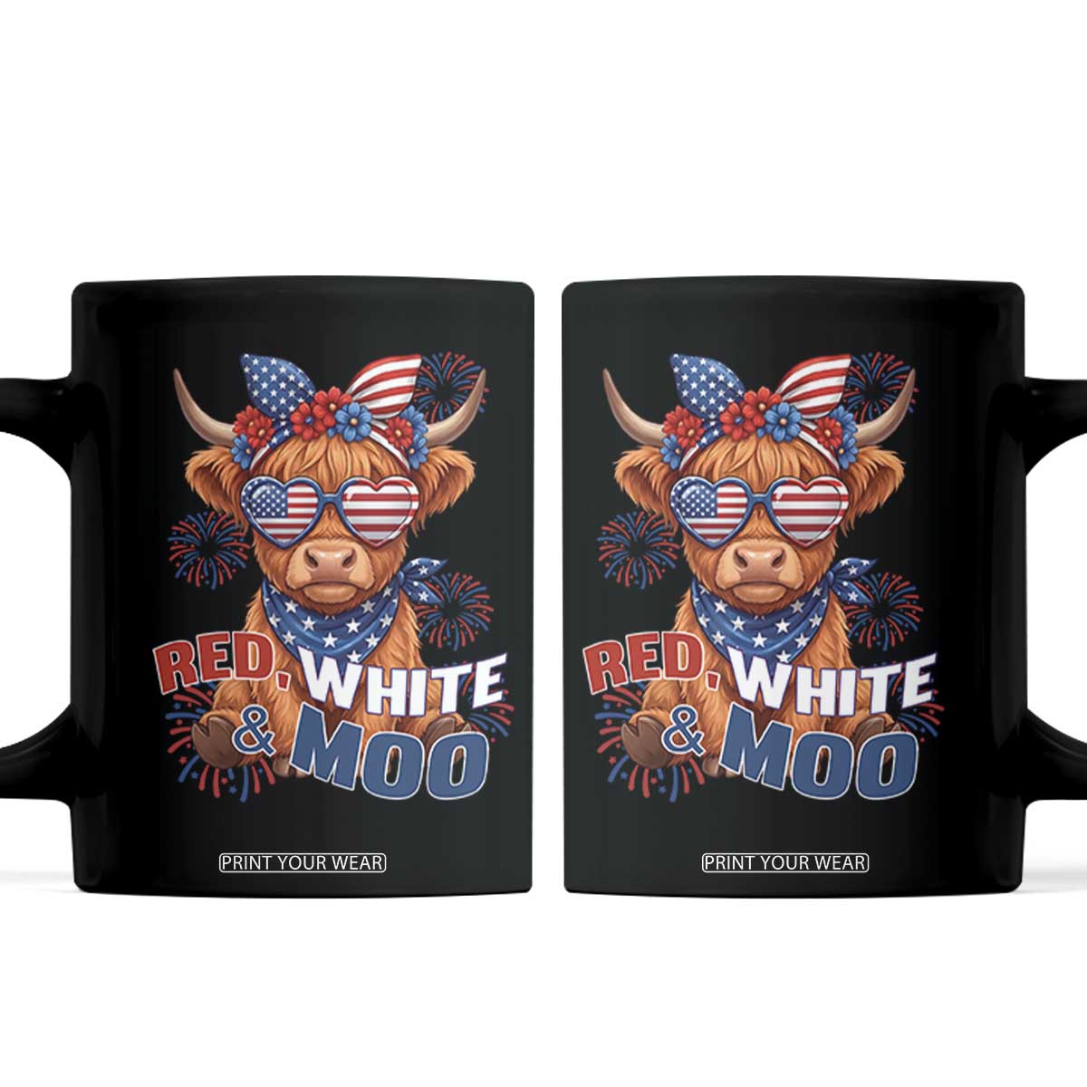 Red White and Moo Funny Patriotic Highland Cow Coffee Mug Cute American Flag Sunglasses and Bandana Summer Fireworks