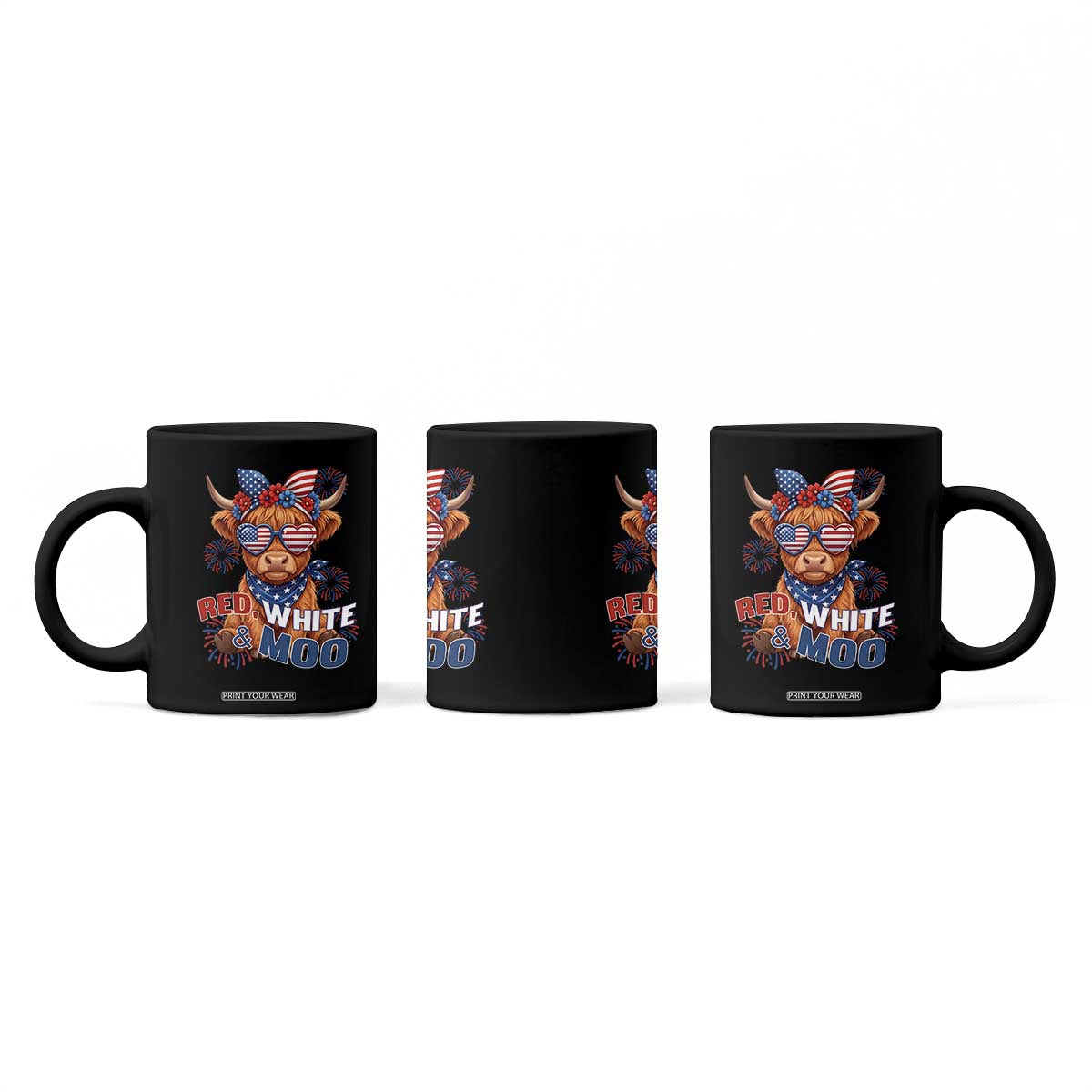 Red White and Moo Funny Patriotic Highland Cow Coffee Mug Cute American Flag Sunglasses and Bandana Summer Fireworks TS02 Print Your Wear