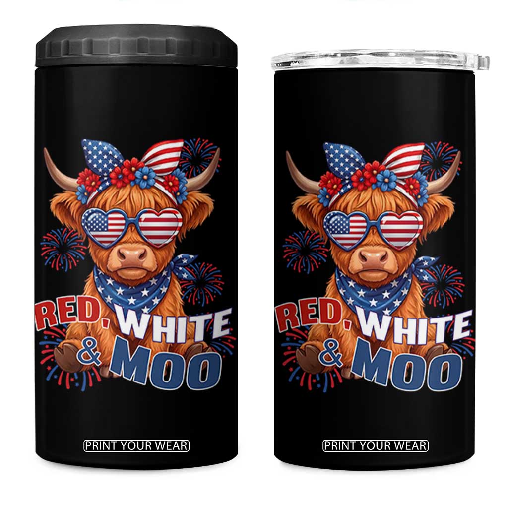 Red White and Moo Funny Patriotic Highland Cow 4 in 1 Can Cooler Tumbler Cute American Flag Sunglasses and Bandana Summer Fireworks TS02 One Size: 16 oz Black Print Your Wear