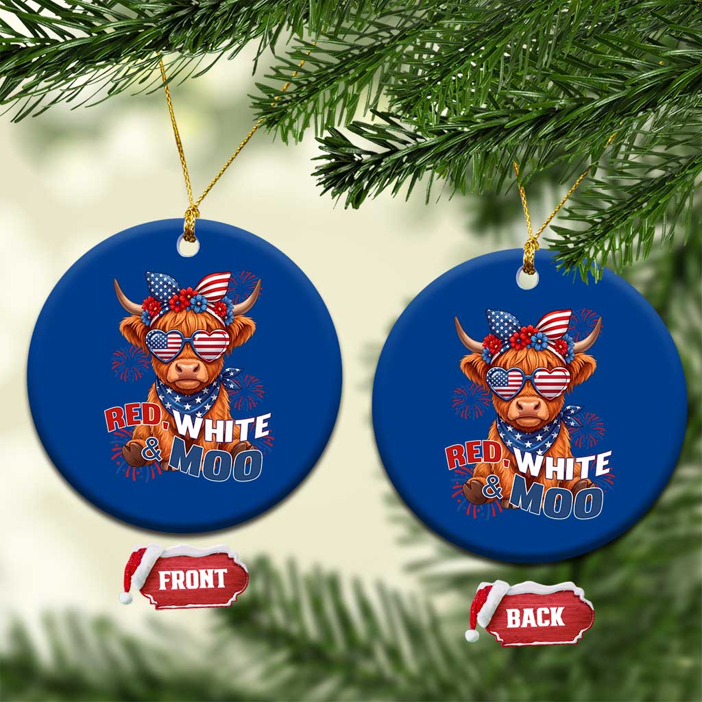 Red White and Moo Funny Patriotic Highland Cow Ceramic Ornament Cute American Flag Sunglasses and Bandana Summer Fireworks TS02 1pc Blue Print Your Wear