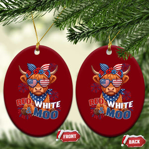 Red White and Moo Funny Patriotic Highland Cow Ceramic Ornament Cute American Flag Sunglasses and Bandana Summer Fireworks TS02 Print Your Wear