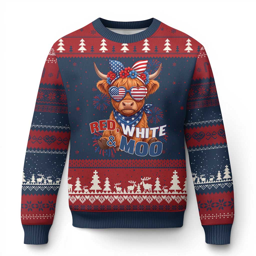Red White and Moo Funny Patriotic Highland Cow Ugly Christmas Sweater Cute American Flag Sunglasses and Bandana Summer Fireworks TS02 Navy Red Print Your Wear