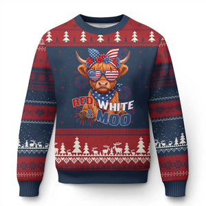 Red White and Moo Funny Patriotic Highland Cow Ugly Christmas Sweater Cute American Flag Sunglasses and Bandana Summer Fireworks TS02 Navy Red Print Your Wear