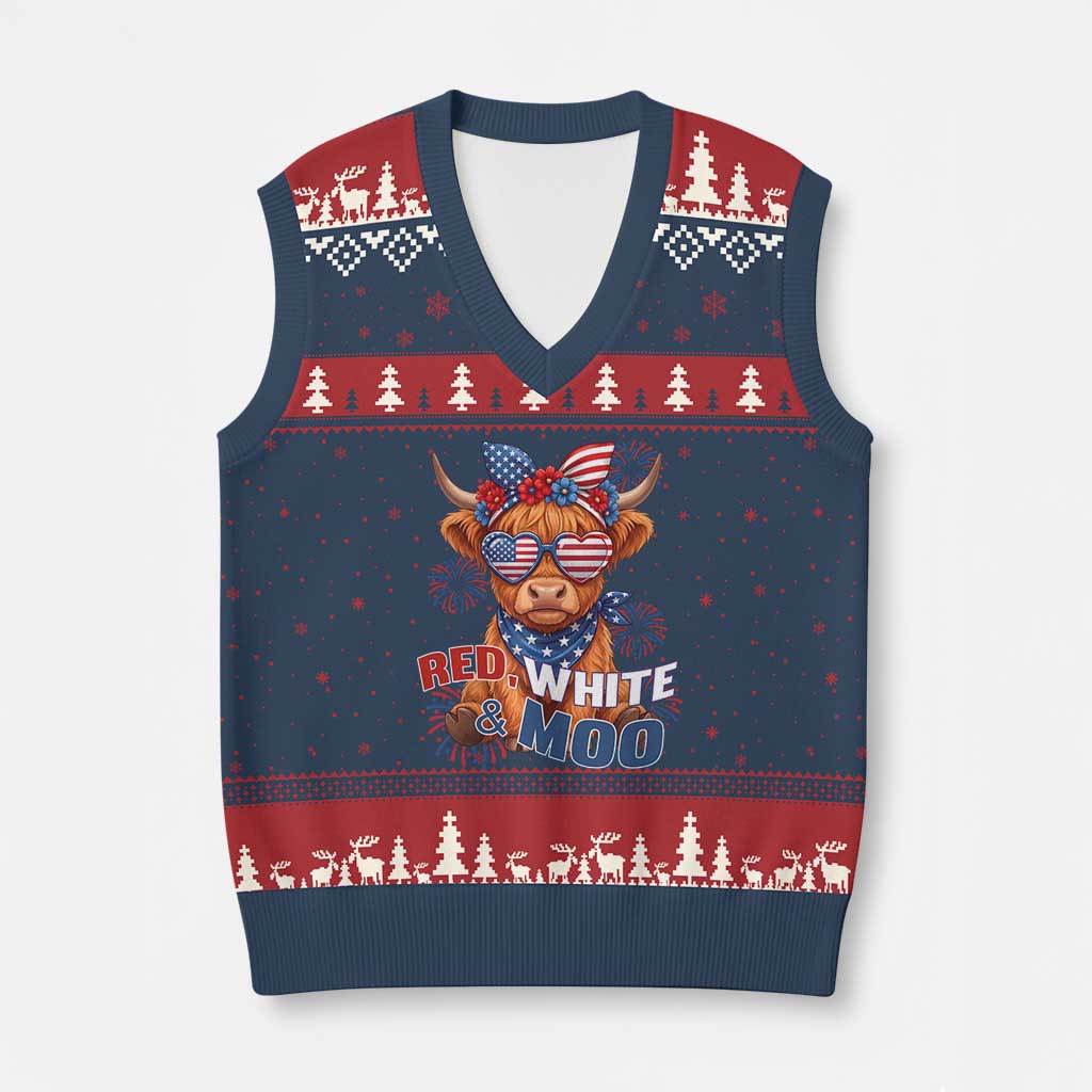 Red White and Moo Funny Patriotic Highland Cow V-Neck Knit Sweater Vest Cute American Flag Sunglasses and Bandana Summer Fireworks TS02 Navy Red Print Your Wear