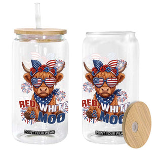 Red White and Moo Funny Patriotic Highland Cow Glass Can Cute American Flag Sunglasses and Bandana Summer Fireworks TS02 Print Your Wear