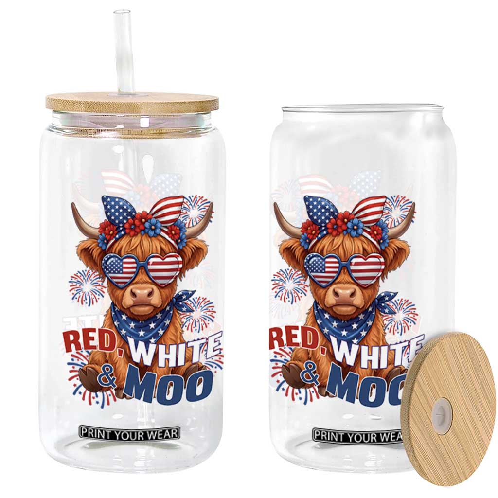Red White and Moo Funny Patriotic Highland Cow Glass Can Cute American Flag Sunglasses and Bandana Summer Fireworks TS02 Print Your Wear