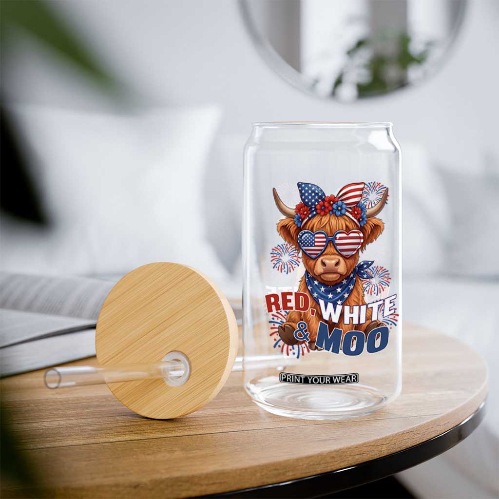 Red White and Moo Funny Patriotic Highland Cow Glass Can Cute American Flag Sunglasses and Bandana Summer Fireworks TS02 Print Your Wear