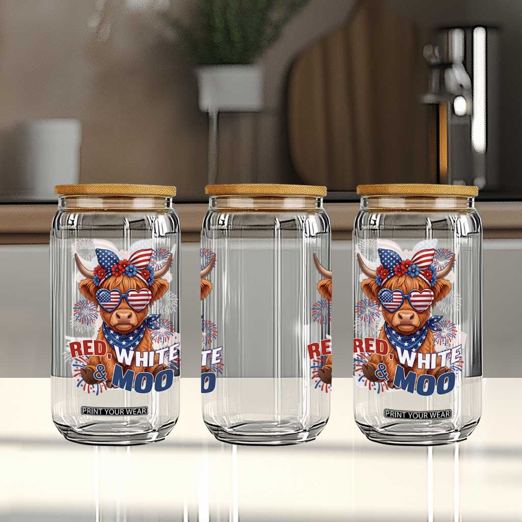 Red White and Moo Funny Patriotic Highland Cow Glass Can Cute American Flag Sunglasses and Bandana Summer Fireworks TS02 Print Your Wear