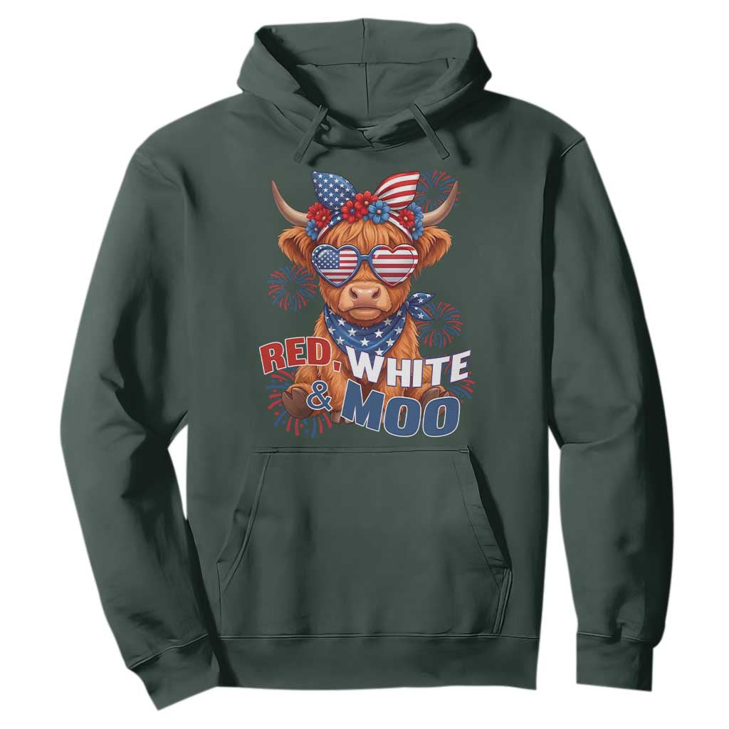Red White and Moo Funny Patriotic Highland Cow Hoodie Cute American Flag Sunglasses and Bandana Summer Fireworks TS02 Dark Forest Green Print Your Wear
